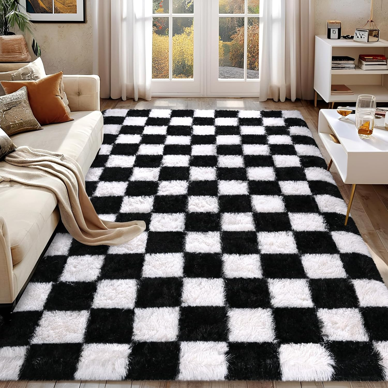Rugs for Bedroom Living Room, 4×6 ft Black and White Checkered Area Rug, Fluf…