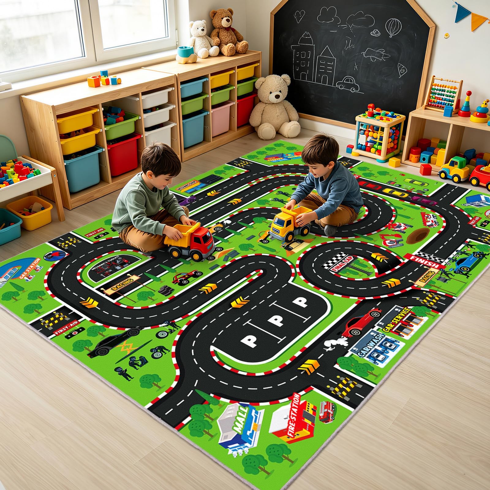 Kids Play Rug 4×5 Ft, Non-Slip Race Track Car Rug Play Mat