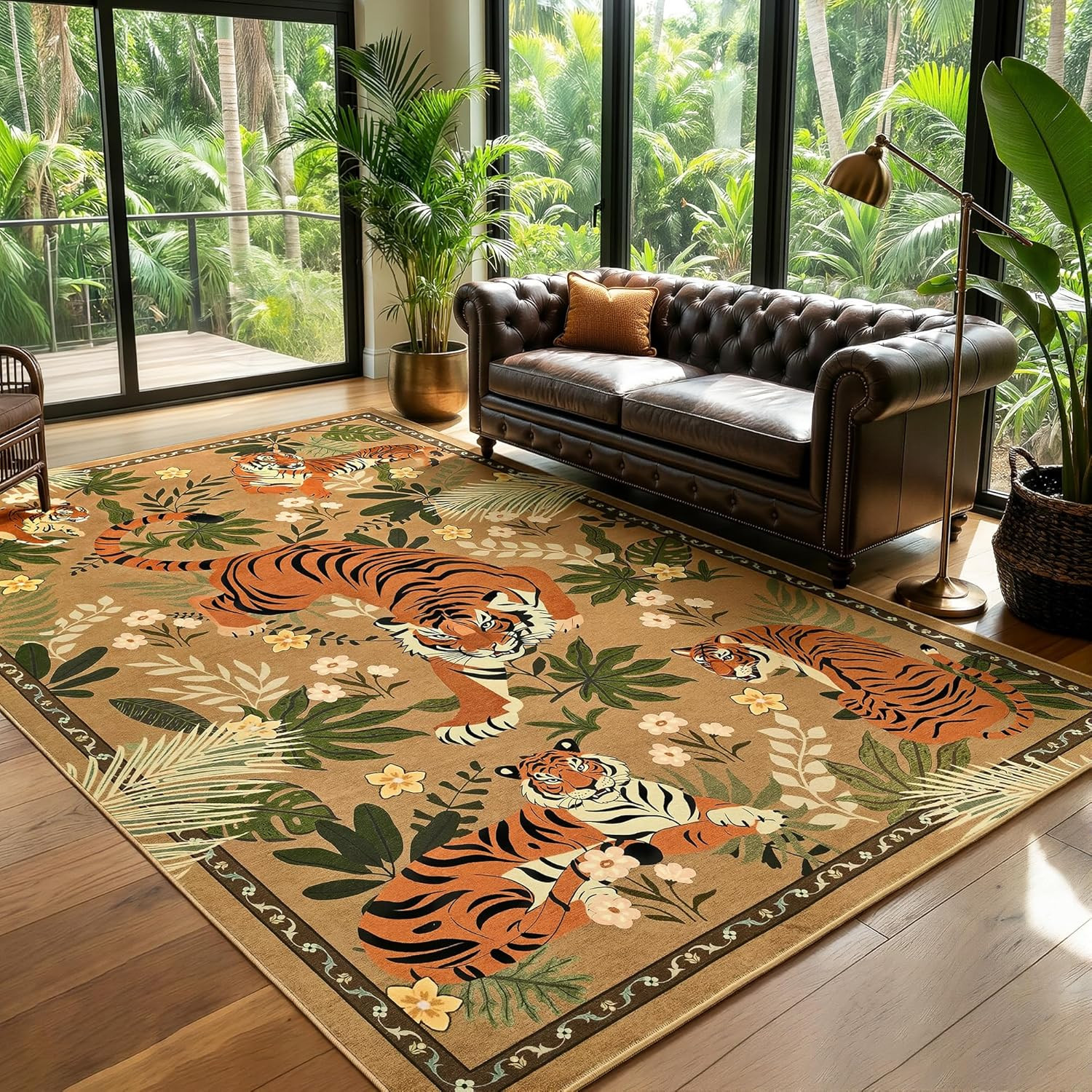 Vintage Tiger Area Rug 8×10, Washable Non-Slip Boho Carpet for Living Room