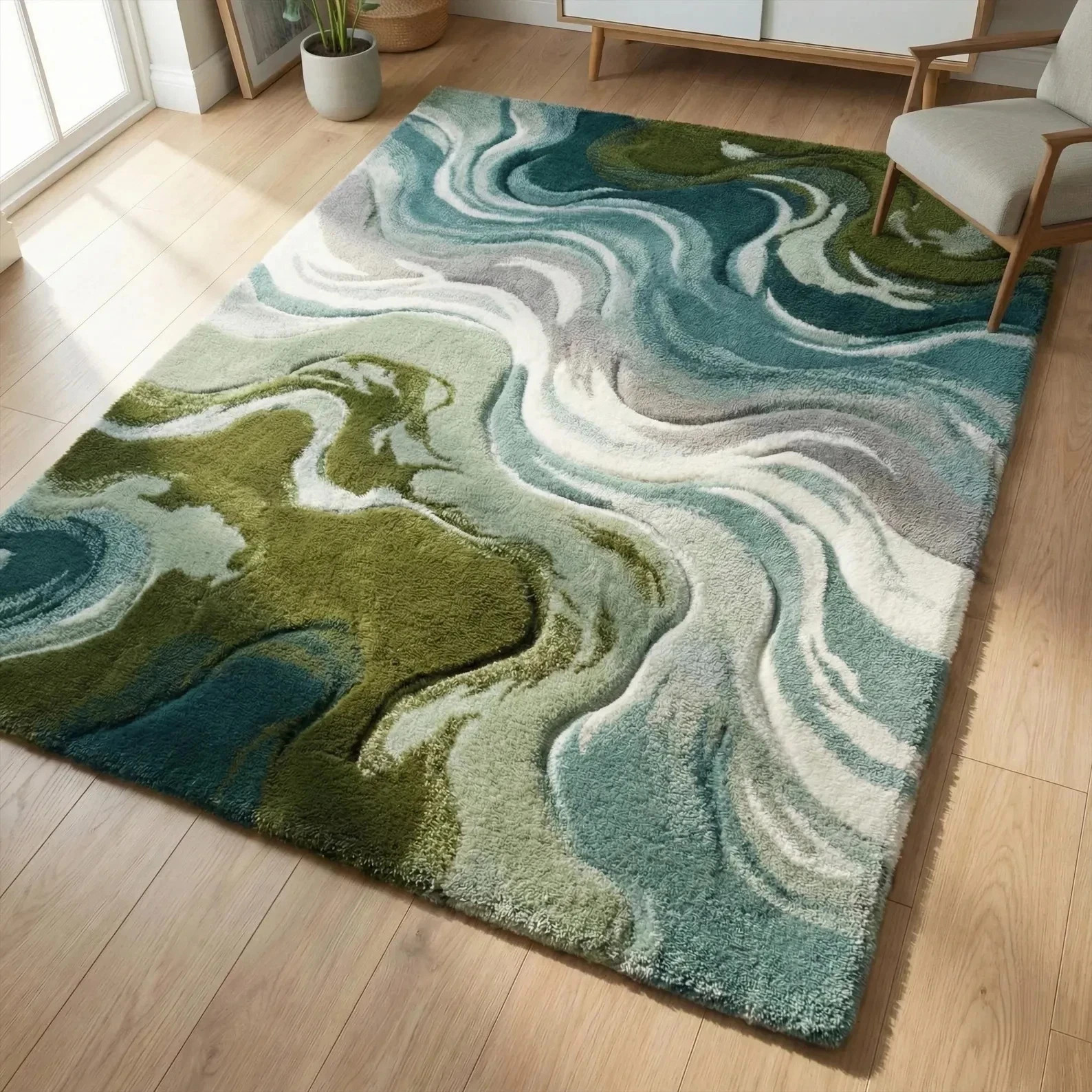 Blue Green Wavy Wool Rug, Hand Tufted Abstract Textured Custom Area Rug Carpet