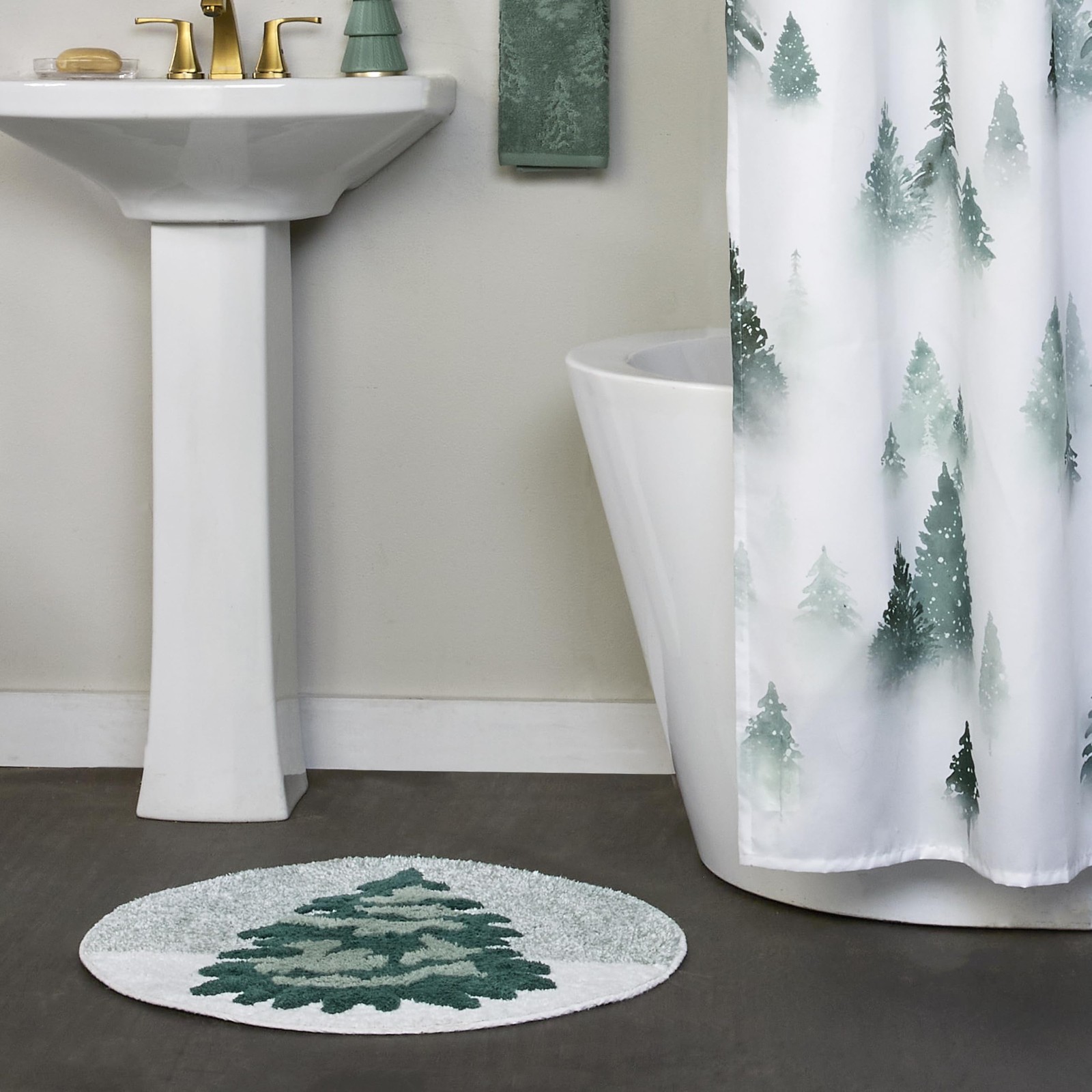 Christmas Winter Pines 100% Cotton Rug, Plush & Absorbent, Slip-Resistant, Green