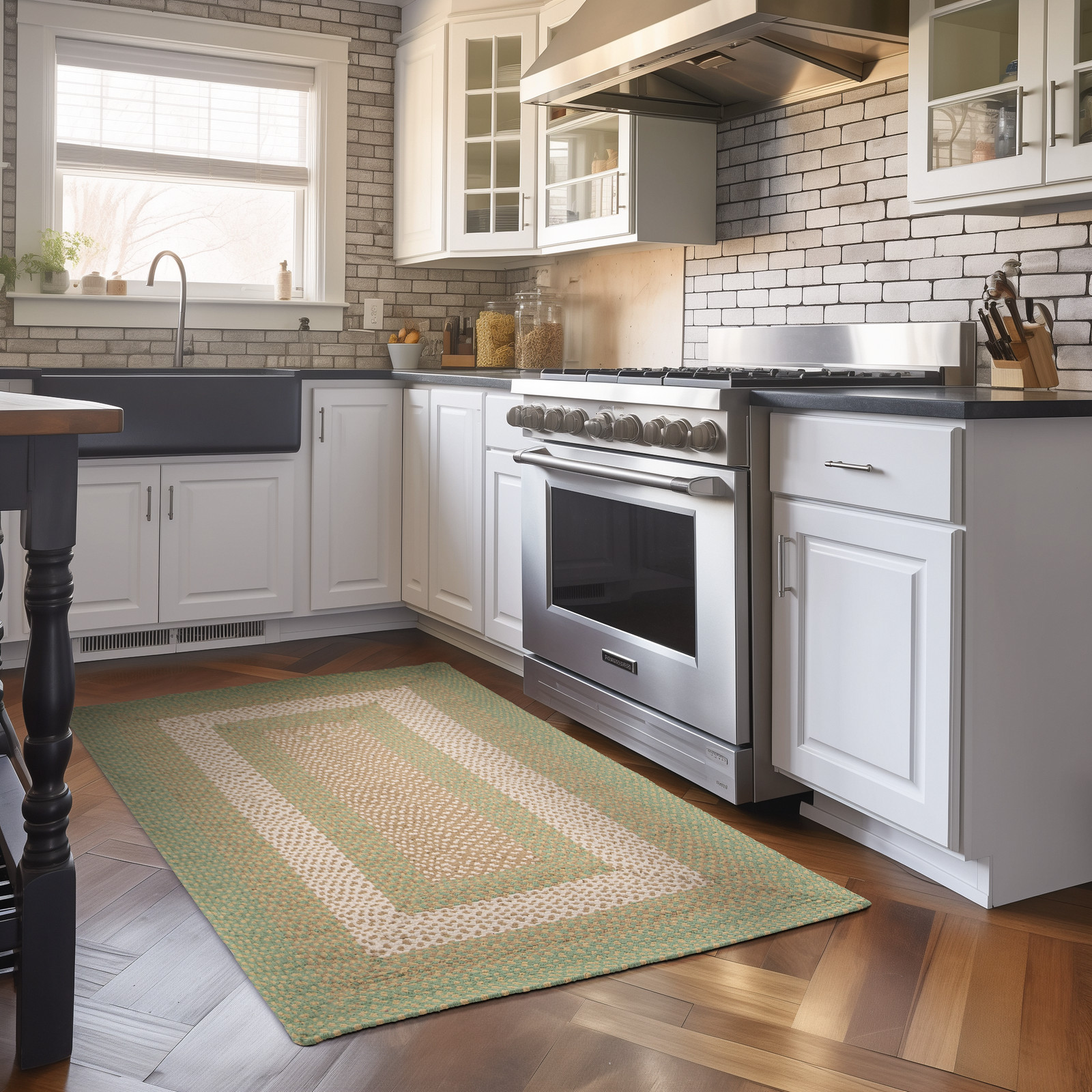 Country Braided Area Rug Farmhouse Green Rug for Kitchen & Dining Rooms