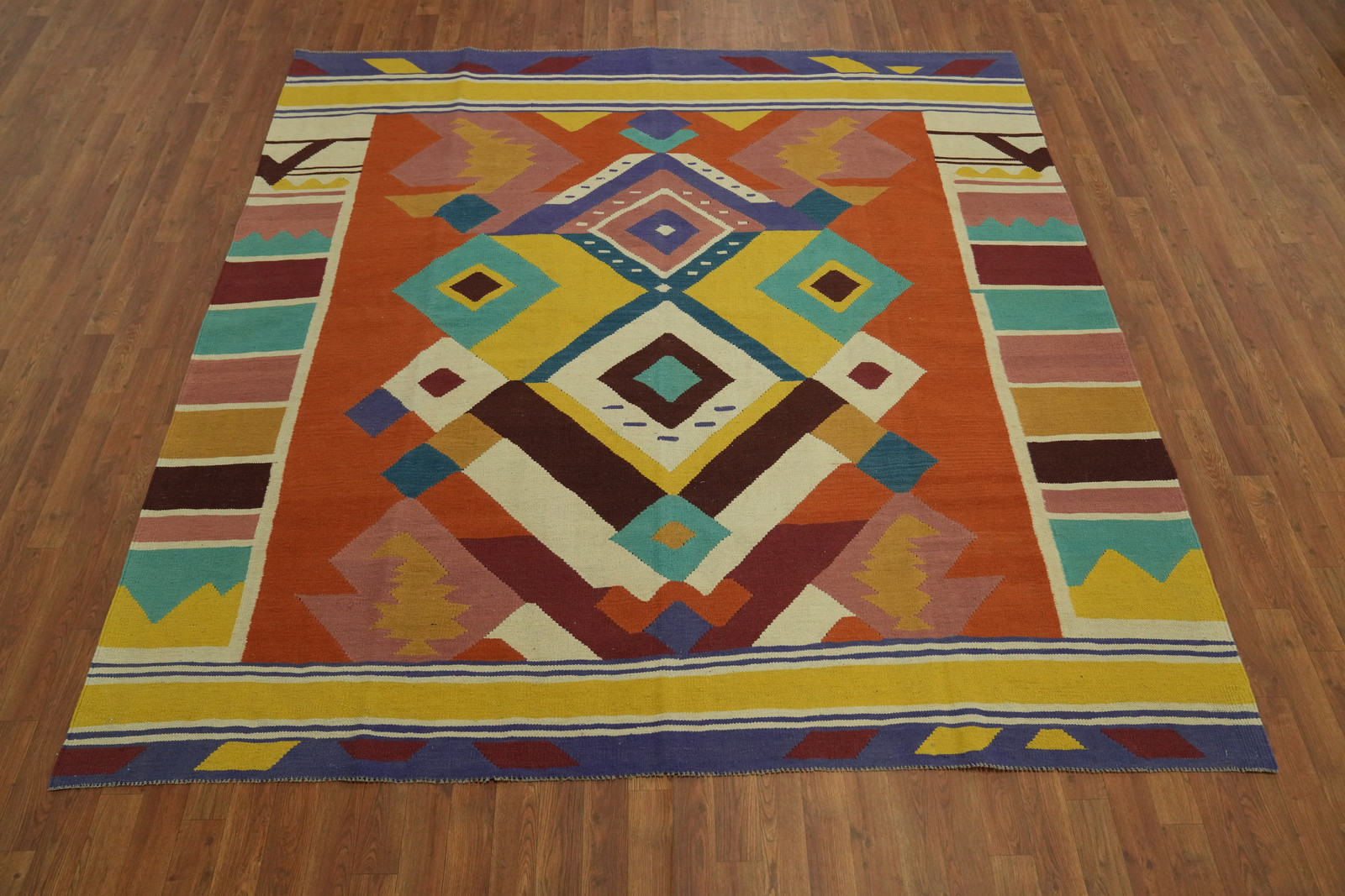 Flat Weave Tribal Kilim Square Area Rug 8×8 Ft Reversible Geometric Wool Carpet