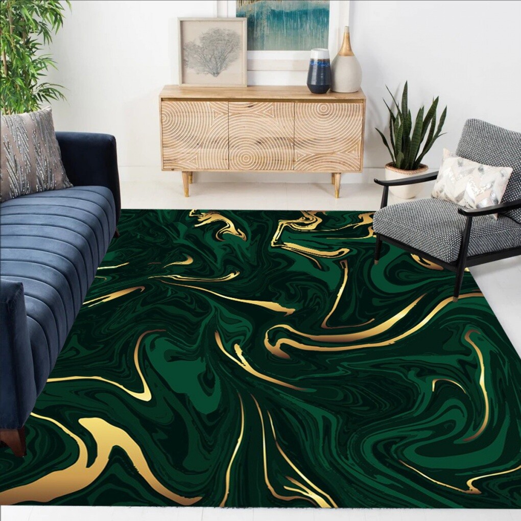 Modern Abstract Marble Texture Rug Dark Green Gold Wavy Pattern Luxury Floor Mat