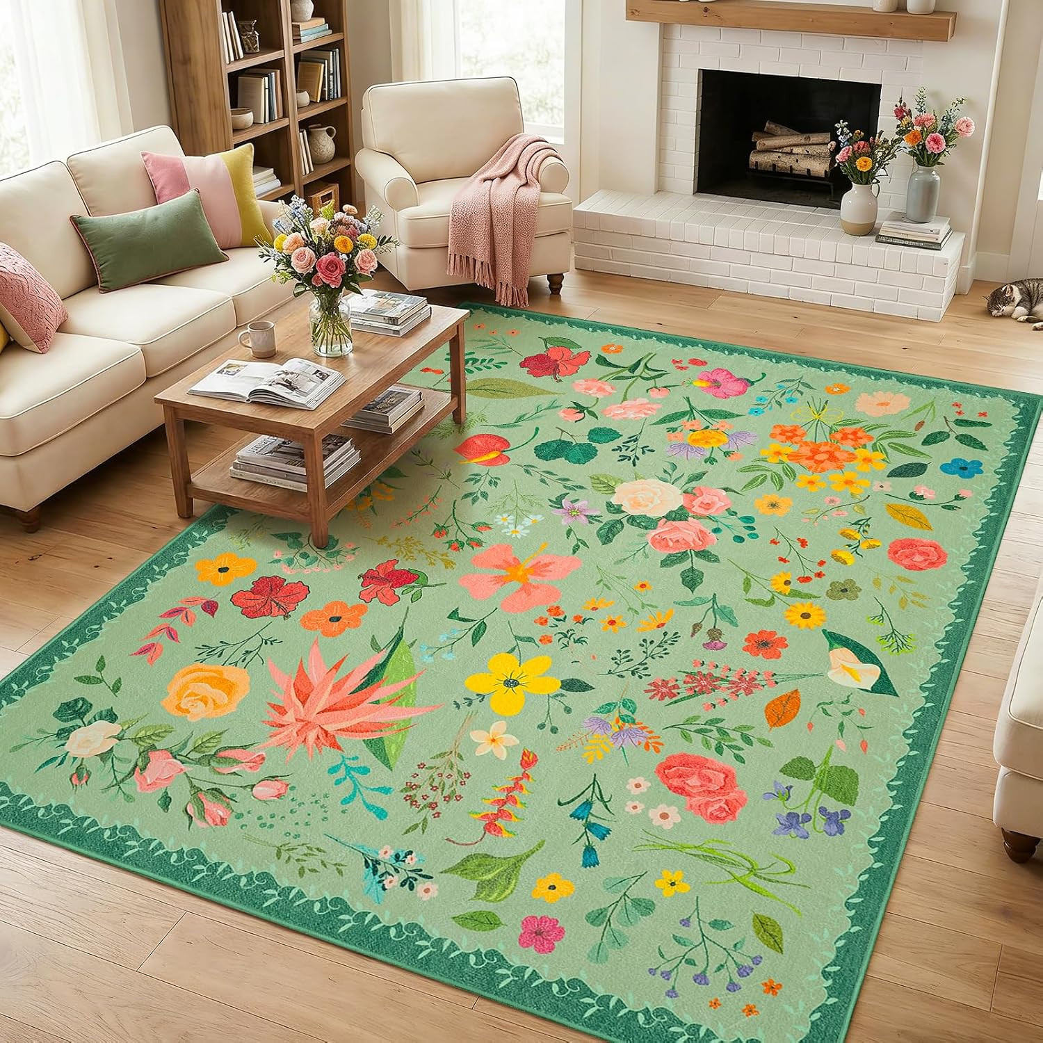Area Rug for Living Room,9X12Ft Washable Rugs for Bedroom, Soft Floral Non-Slip