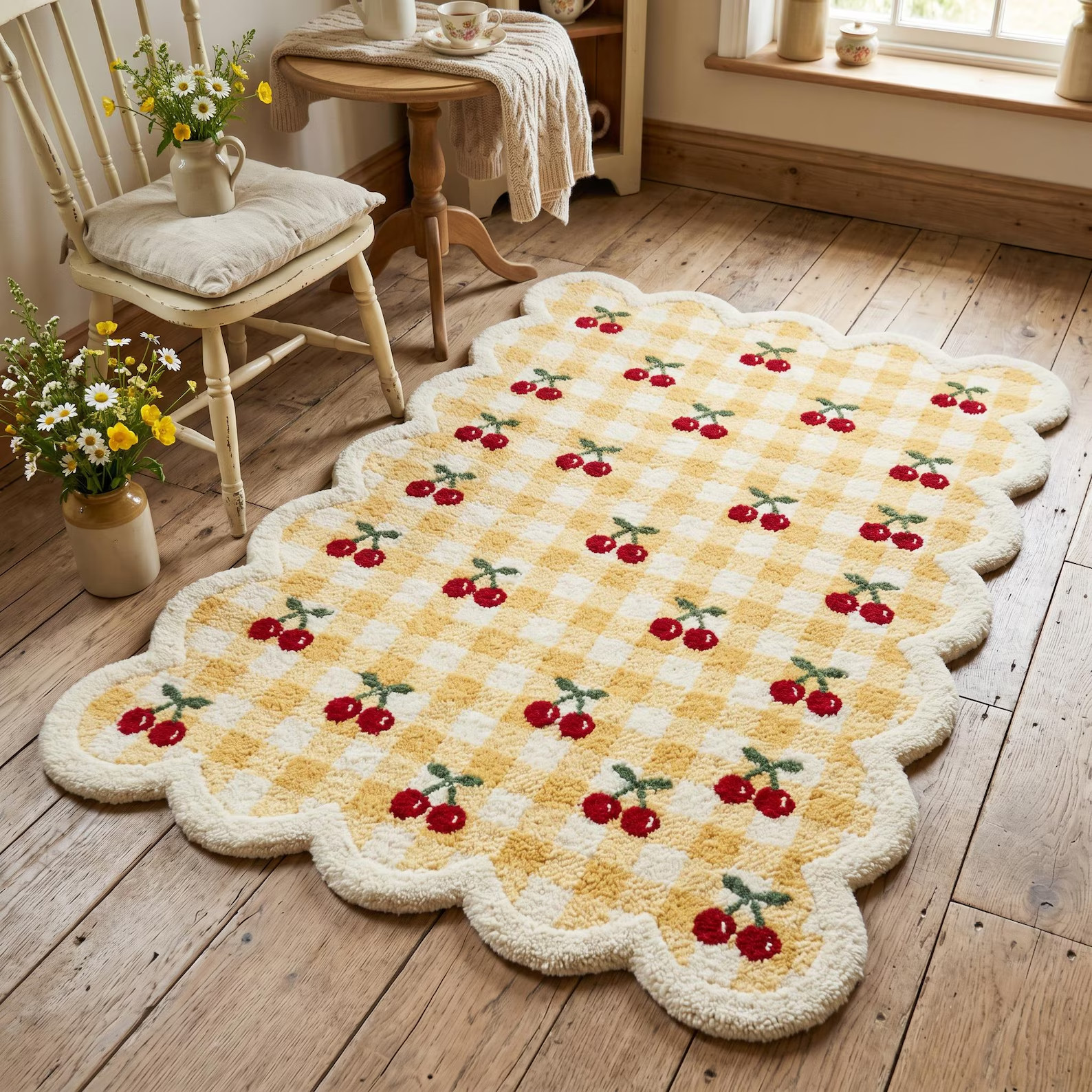 Cherry Checkered Rug Modern Hand Tufted Wool Area Rug Thick Soft Scalloped 6×9|