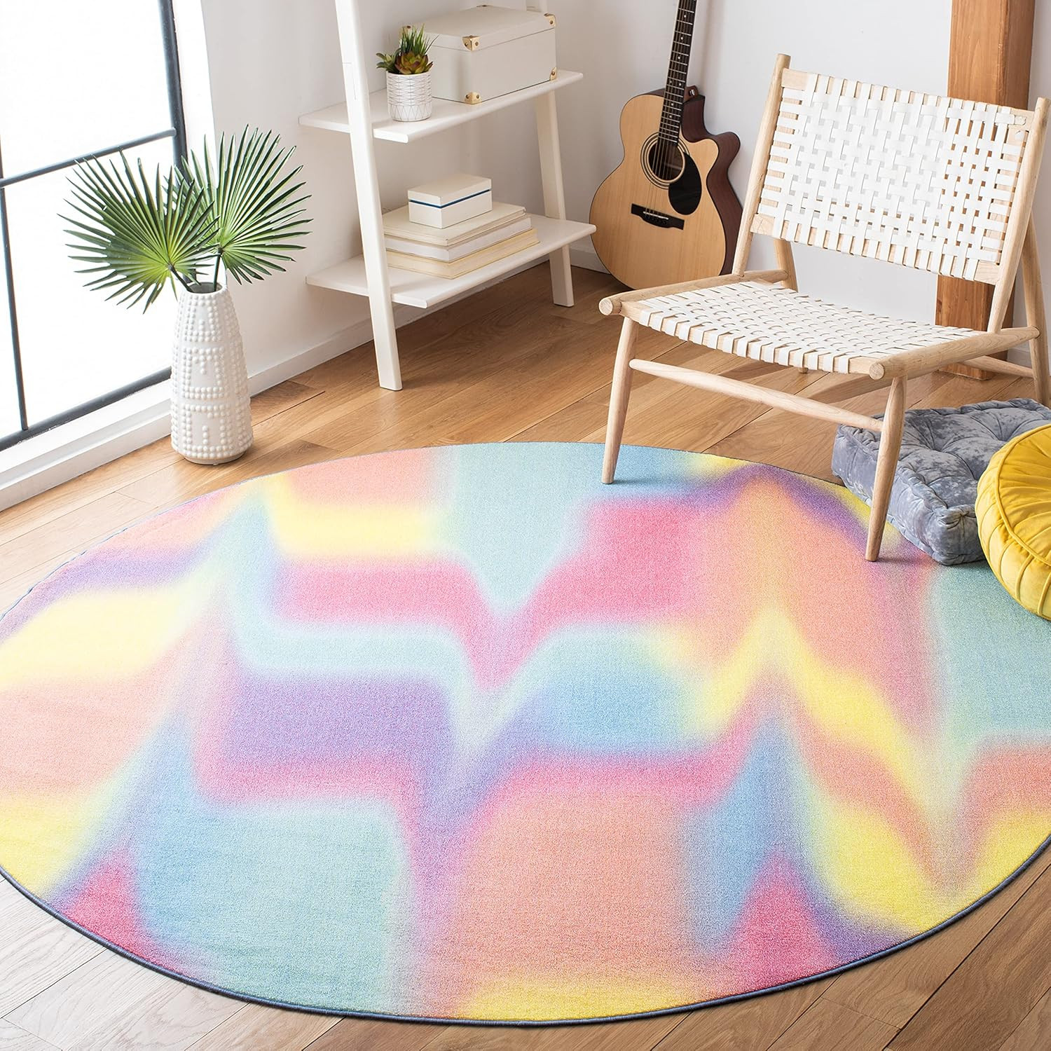 Fuchsia & Yellow Washable Round Rug – 6’7″, Slip Resistant, Easy Clean
