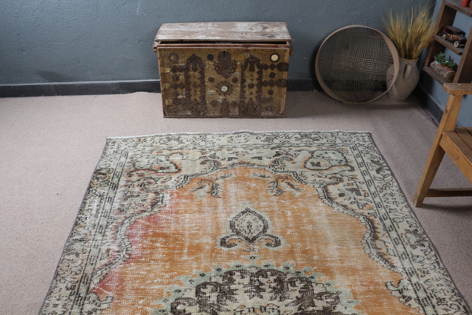 5,2×9,2 ft Rug, Large Turkish Rug, Orange Floral Rug