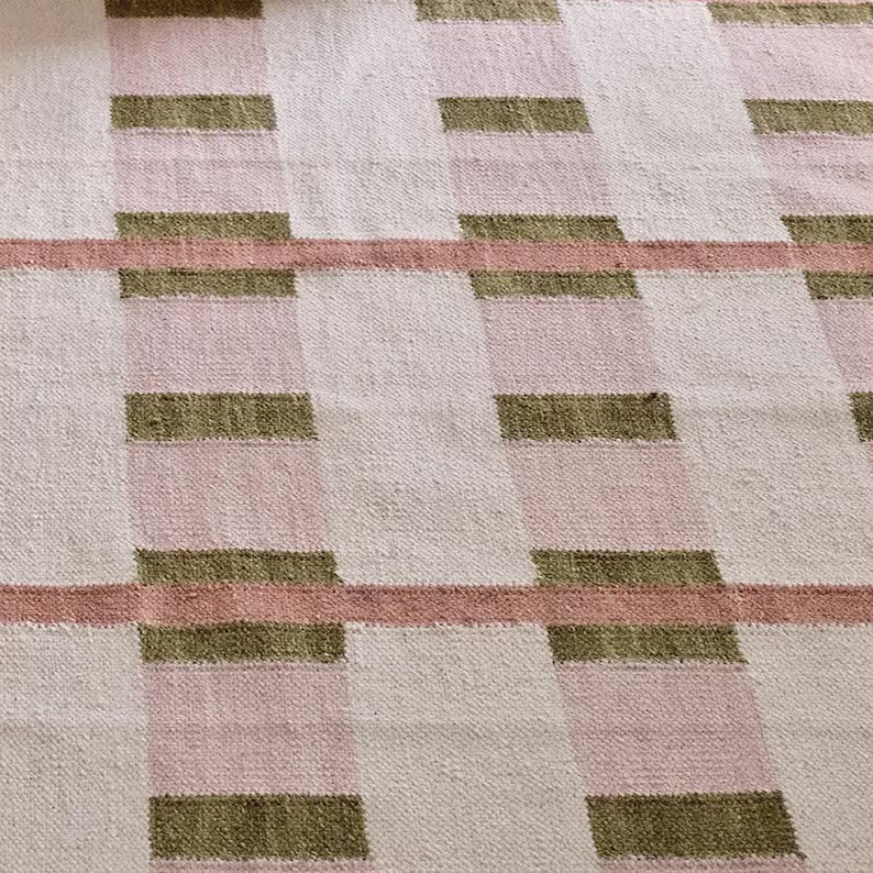 Hand Woven Wool Runner Rug Pink Beige Modern Hallway Flatweave Kilim Carpet