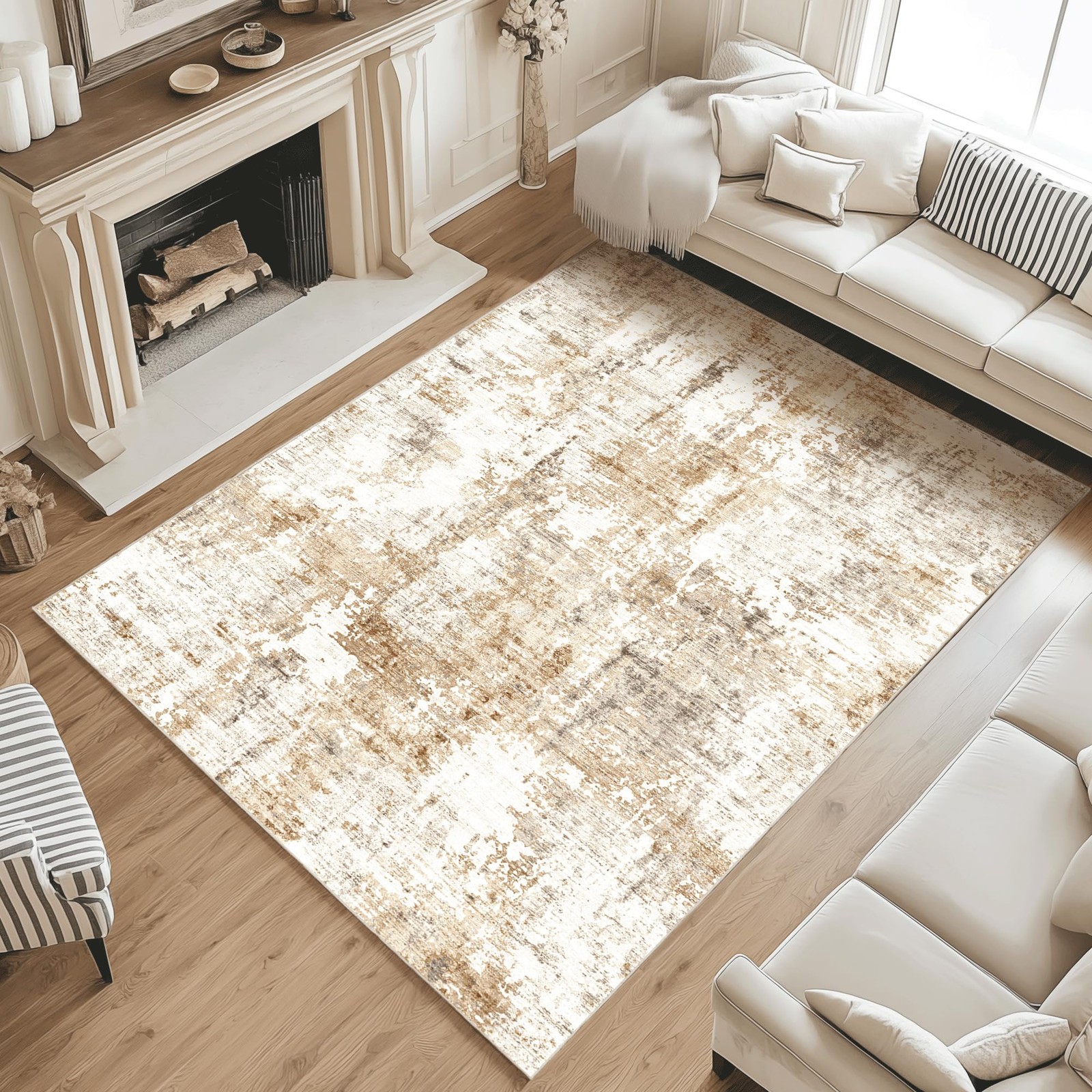 Fmfunctex 8×10 Washable Abstract Area Rug Brown Grey Neutral Modern Large Non…