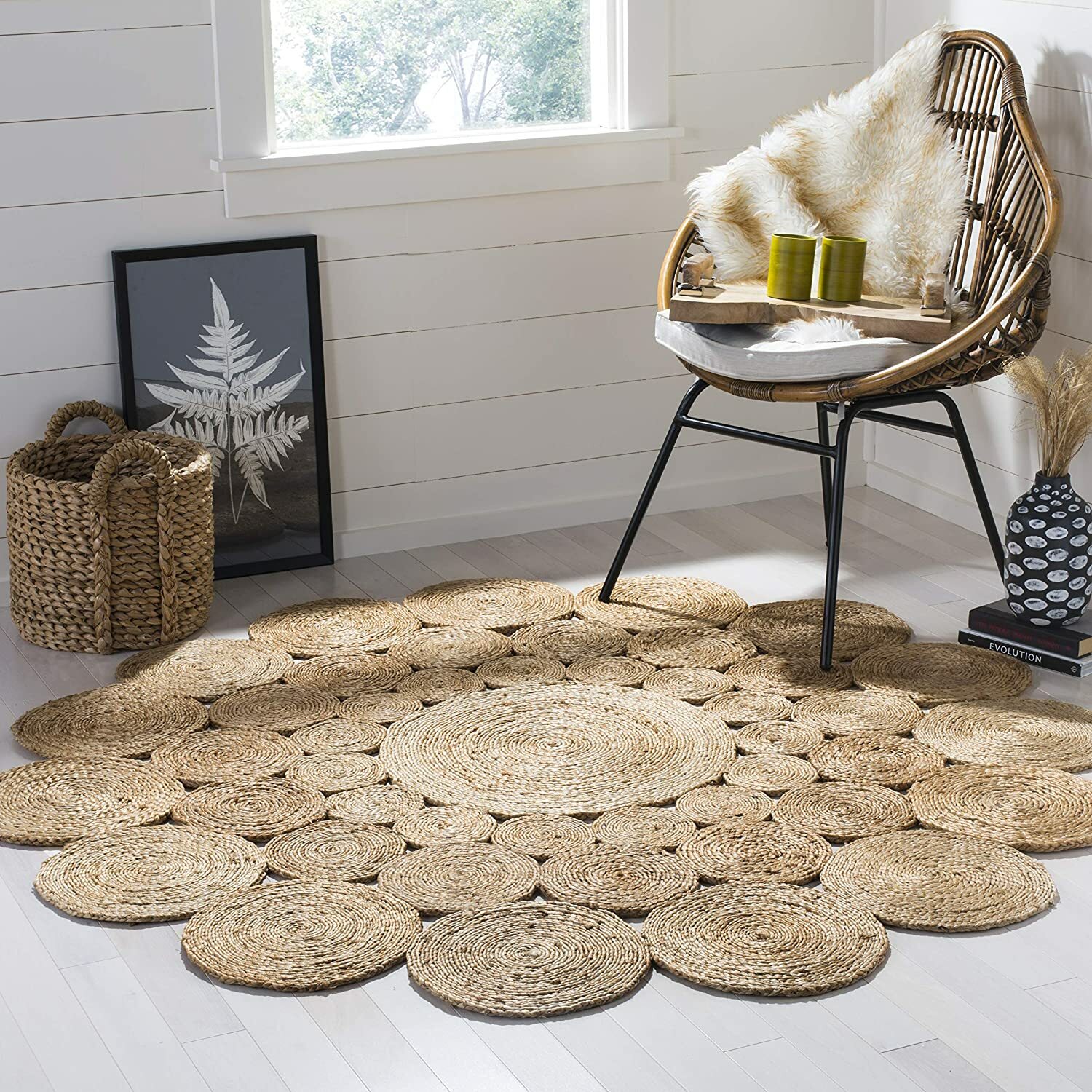 Area Rug Jute Round Rug Beige Circle Design Farmhouse Rustic Look Rug Boho Rug