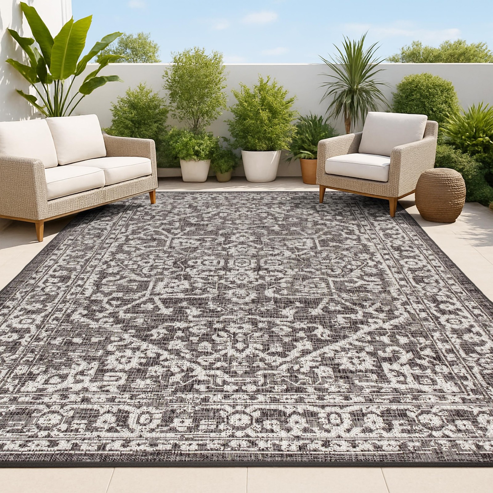 Boho Medallion Indoor Outdoor Area Rug 4X6 Black/Gray, Malta Textured Weave f…
