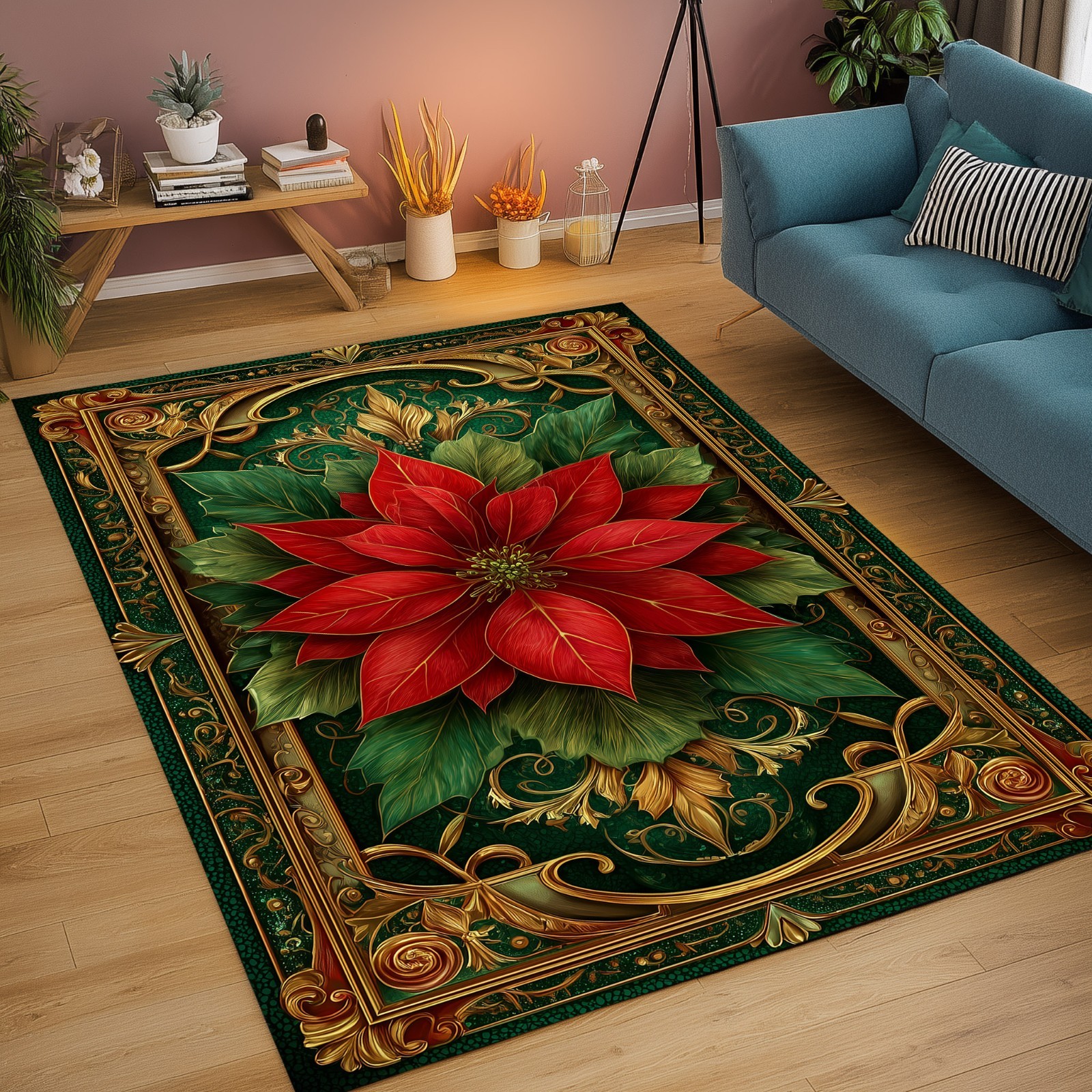 Christmas Floral Rug, Poinsettia Flower Rug, Poinsettia Rug, Christmas Rug