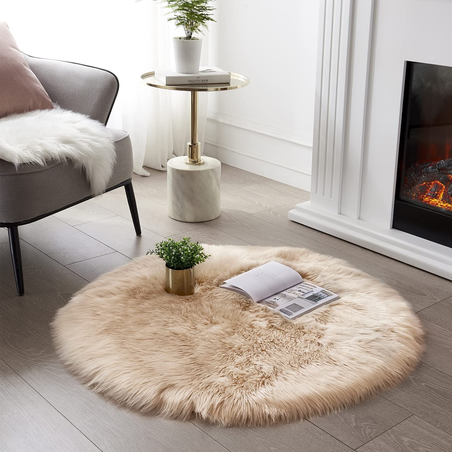 SERISSA Ultra Soft Round Faux Sheepskin Fur Area Rug Beige Circular Shaggy Ru…