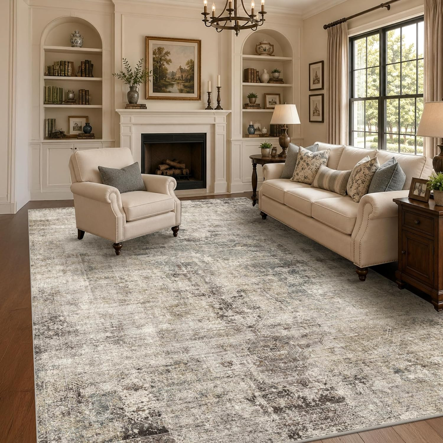 Taupe Brown 7×9 Vintage Rug – Modern Abstract Washable Non-Slip Carpet