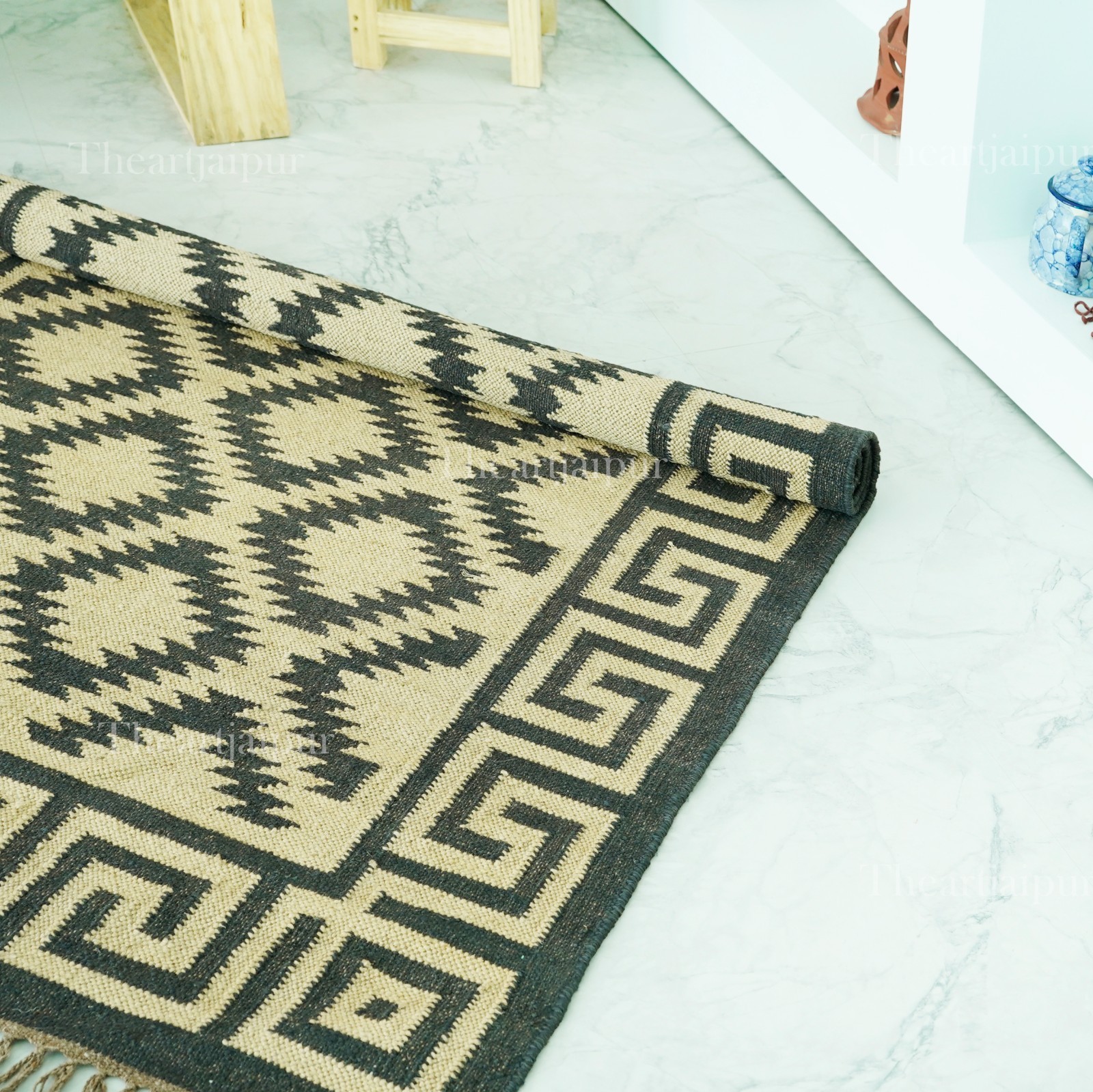 Handwoven Wool-Jute Geomatric diamond Floor Rug,Boho Modern Artisan Area Carpet