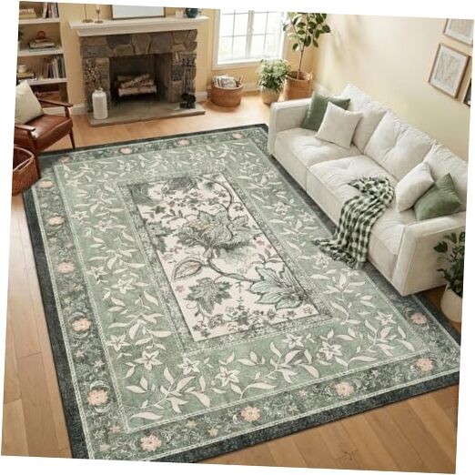 Provence 5×7 Area Rugs, Botanical Grove Sage Green Vintage Cottagecore Non