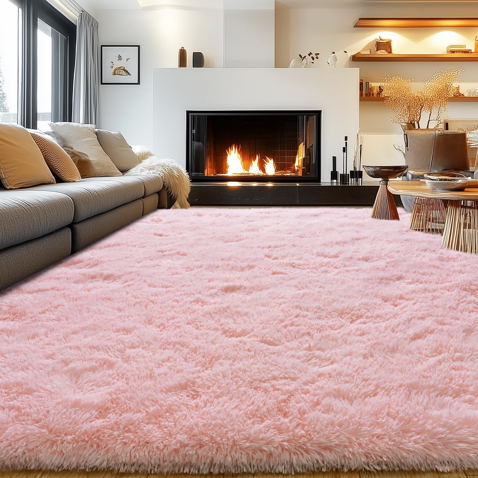 Rezutan Ultra Soft Pink Rugs for Bedroom 8×10 Feet, Fluffy Shag Area Rugs for Li