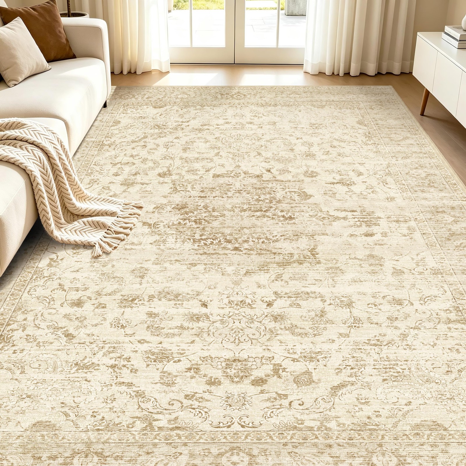 Beige Washable Rug 5×7,Non-Slip Neutral Vintage Boho Carpet Thin