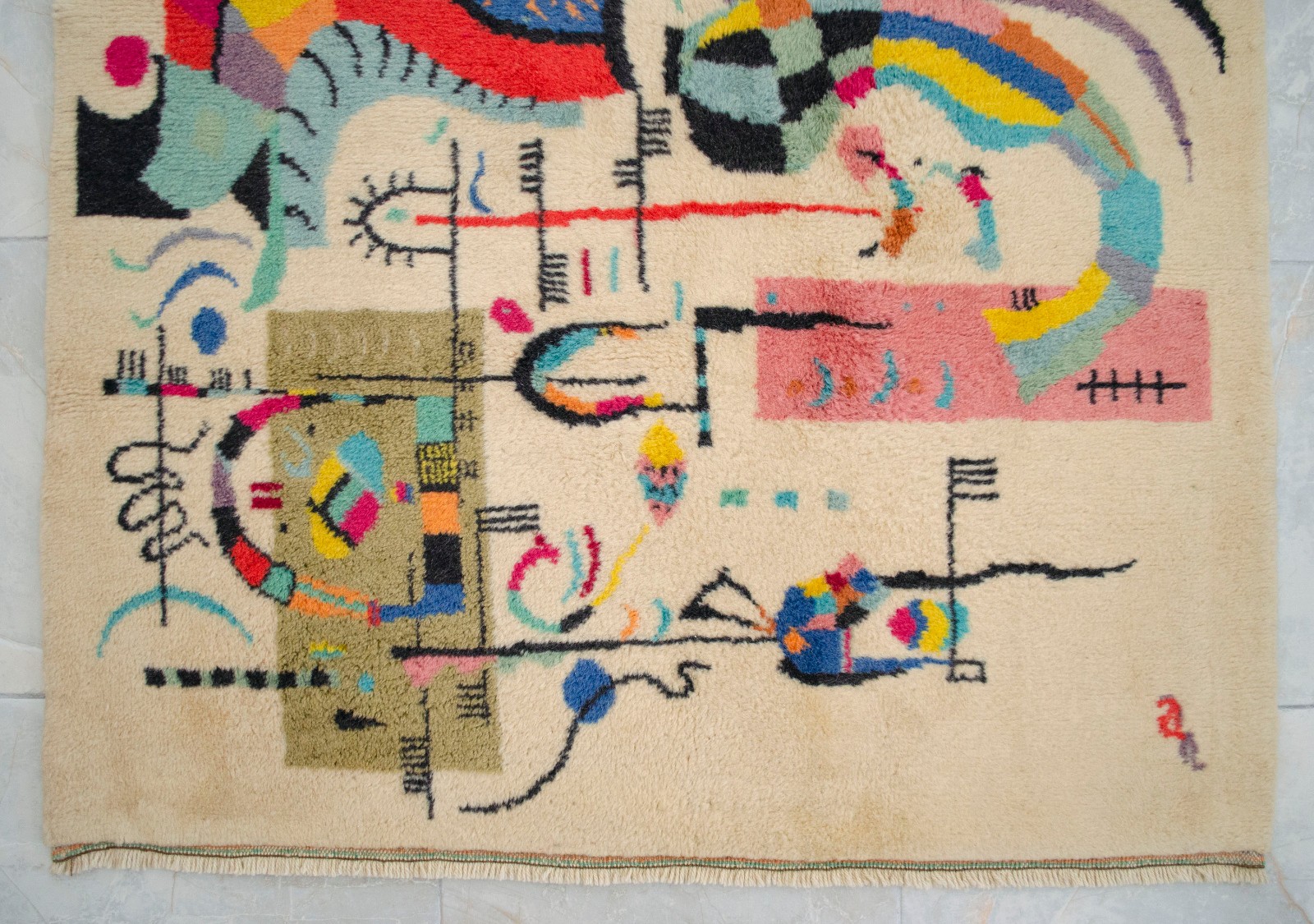Kandinsky Style Abstract Rug | Vintage Hand-Knotted Wool Art Carpet 3’7″ x 5’0″