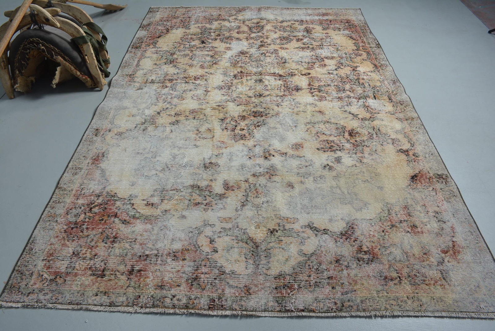 Vintage Rug, 6,2×9,3 ft Turkish Rug, Brown Polka dot Wool Rug