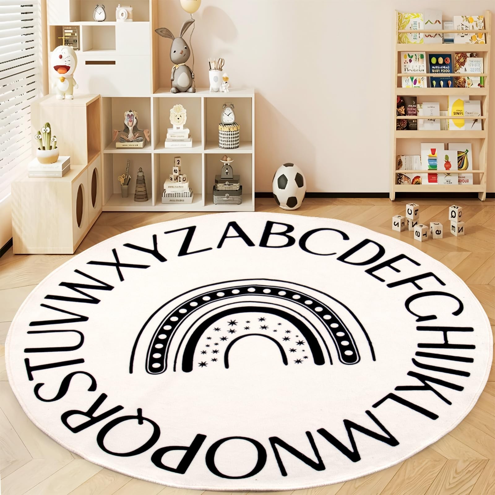 Truqual Round Kids Alphabet Rug, 47 inch Rainbow Classroom Rug, Black | Non-S…