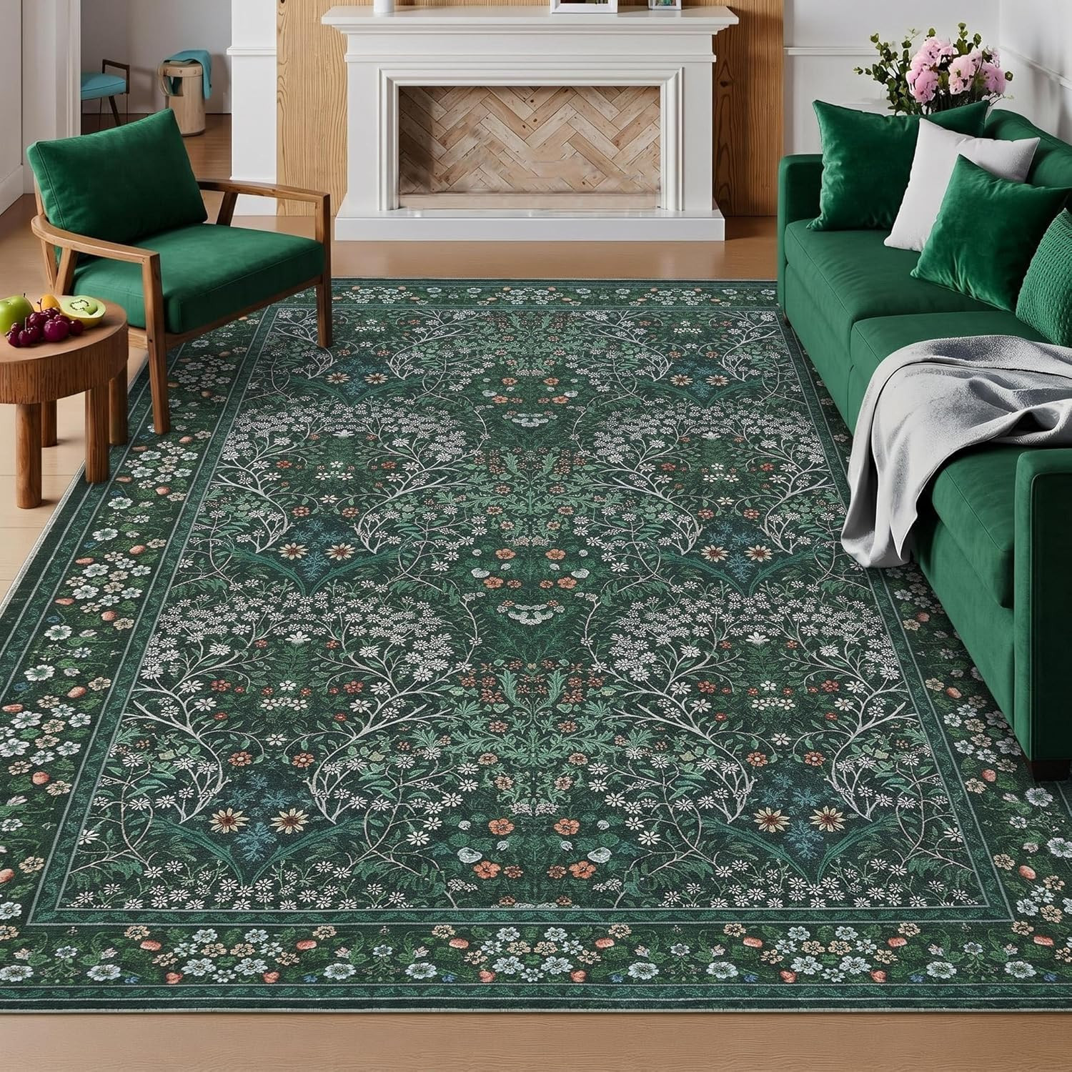 Area Rug 8X10, Easy to Clean Machine Washable Non-Slip Low-Pile Vintage Floral L