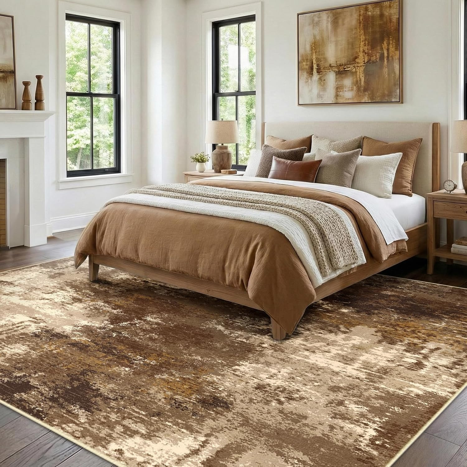 Non-Slip Washable Area Rug 8’X10′ Modern Abstract Brown Tan for Living Room