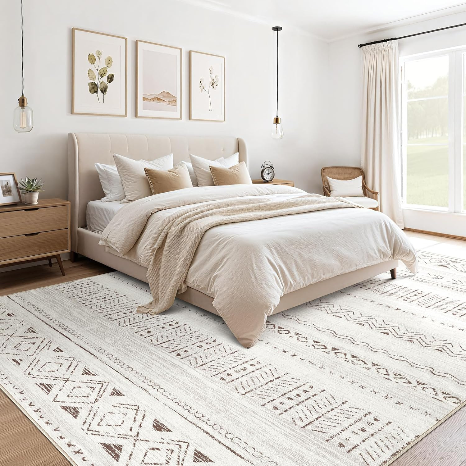 Soft Washable 9×12 Boho Moroccan Area Rug – Non-Slip Indoor Carpet Brown/Cream