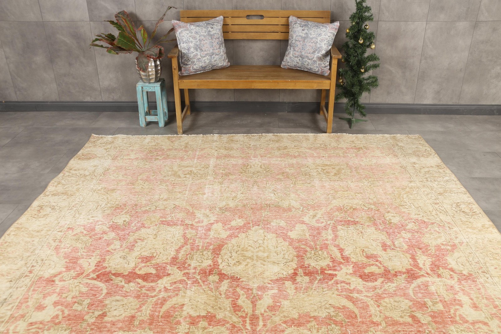 Vintage Rug 8,9×12,9 ft (270×392 cm), Pink Striped Turkish Rug