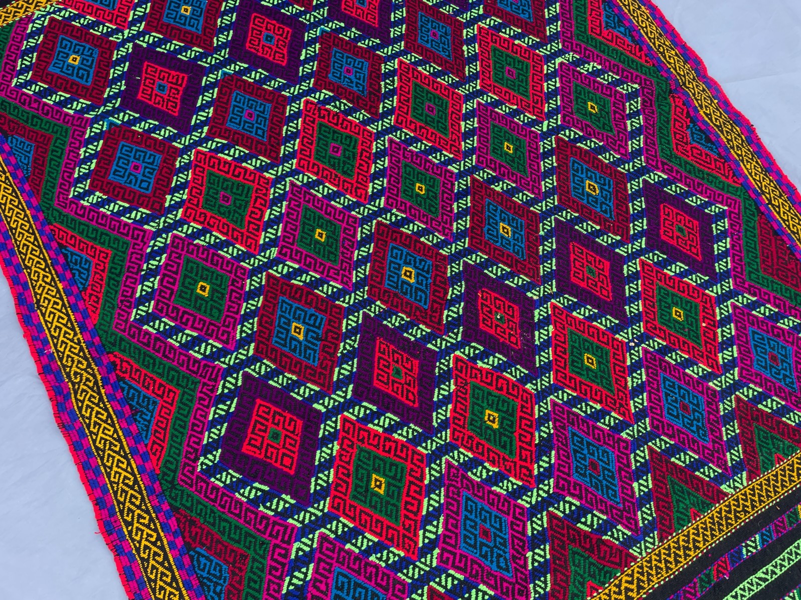 4×5 Bright Uzbek Soumak Rug Handwoven Tribal Geometric Flatweave Carpet.