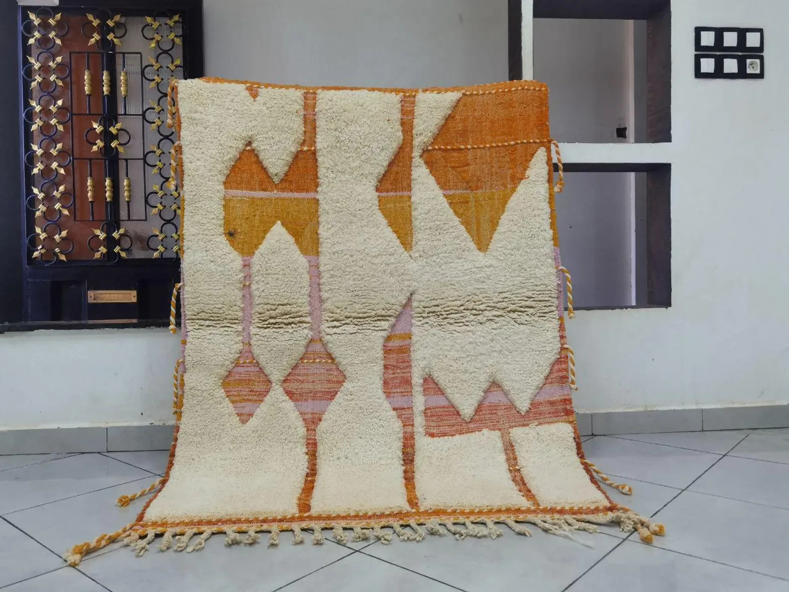 New Design Handmade Moroccan Berber Beni Ourain Wool Color Orange White Area Rug