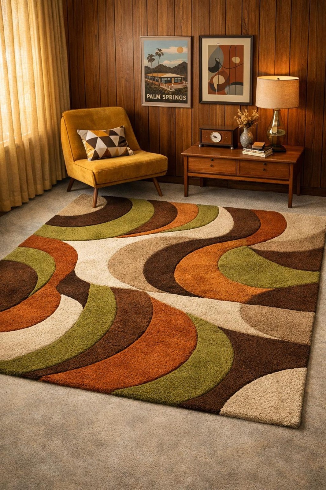 Retro 70s Mid-Century Modern Rug Abstract Wavy Geometric Earth Tone Plush Carpet