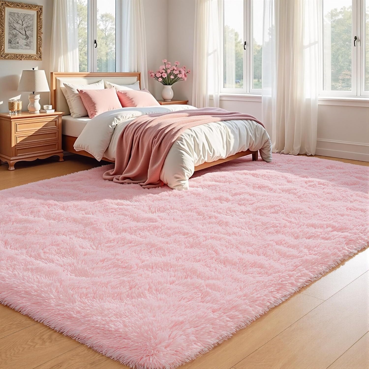 Fluffy Pink Area Rugs for Bedroom Girls Room, 4X5.3 Cute Shag Kids Room Rugs Nur