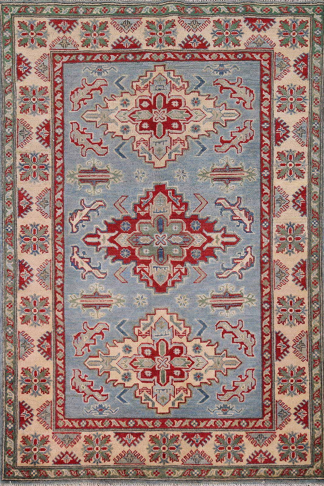 Vibrant Color Geometric Kazak Pakistani Traditional Rug Blue/ Ivory 4×6 ft