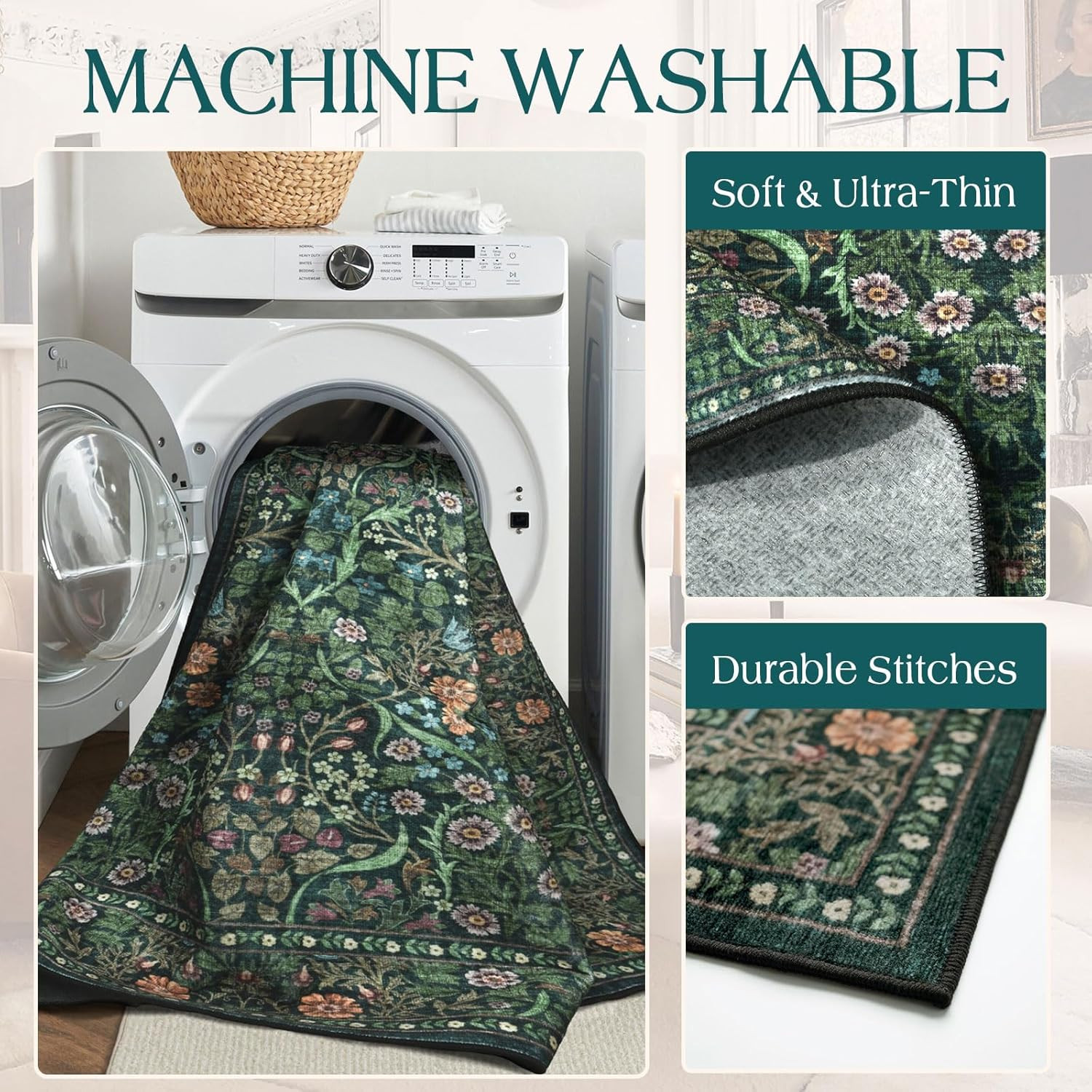 Large Washable Floral Rug – 9×12 Dark Green Boho Area Carpet for Living Room