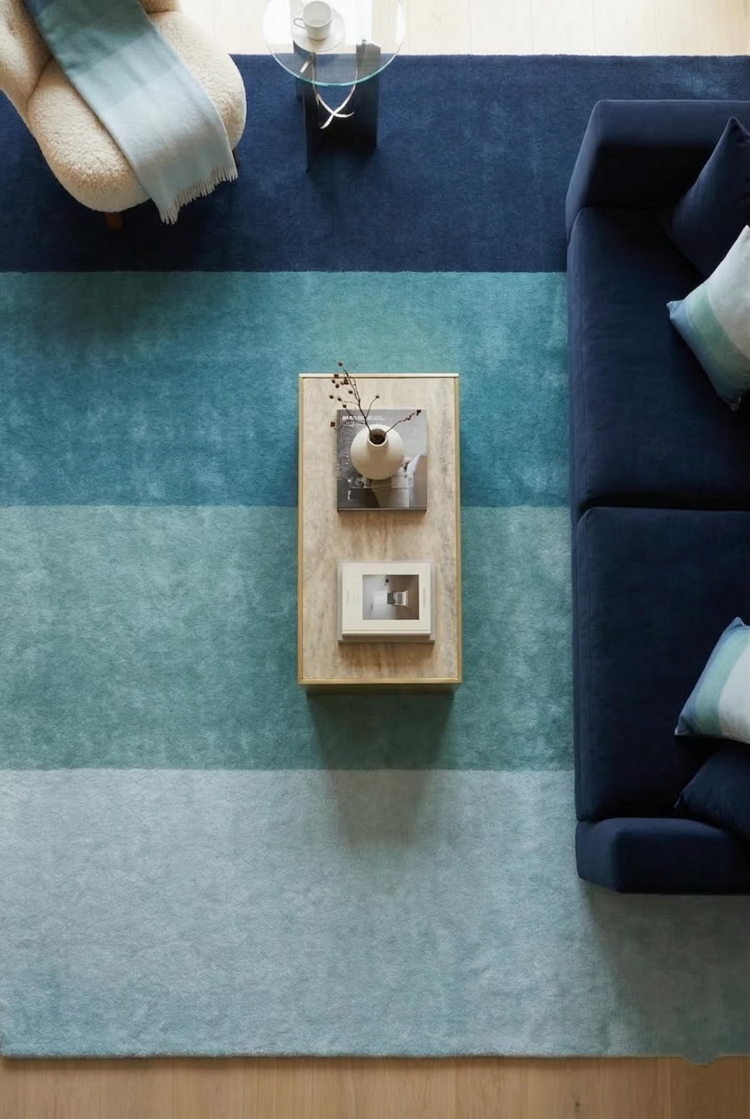 Modern Ombre Blue Wool Rug Gradient Shaded Striped Design Hand-Tufted Plush 8×10