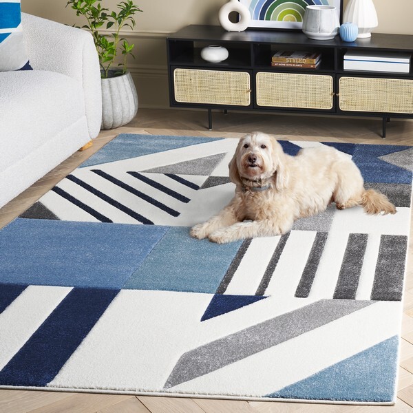 Contemporary Modern Geo Plush Carved Blue Gray Area Rug **FREE SHIPPING**