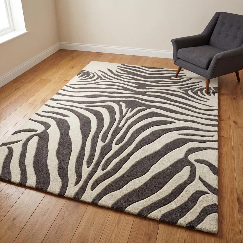 Zebra Print Hand Tufted Wool Rug, Modern Ivory Charcoal Area Rug for Living Room