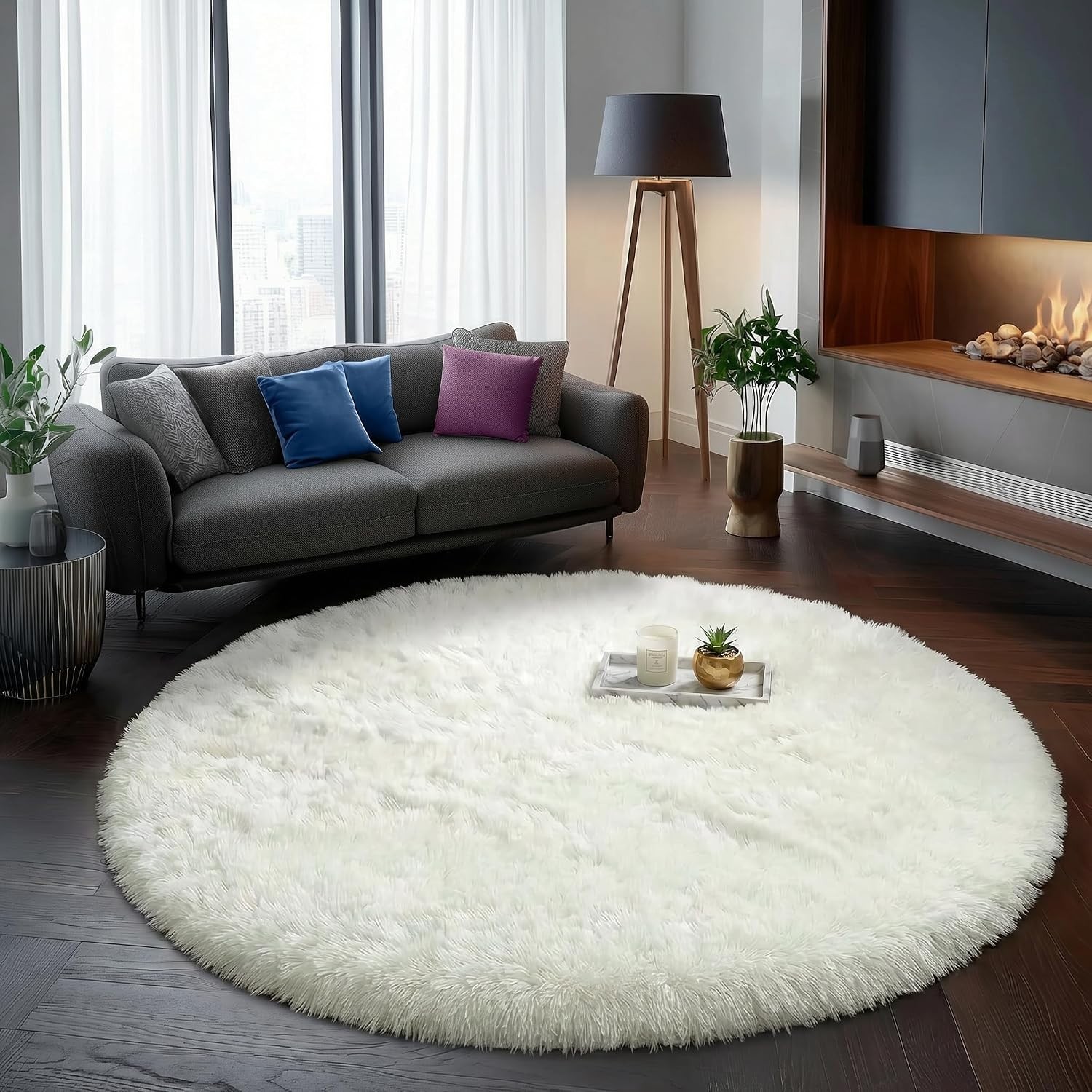 Ivory White Large Round Rug 8Ft for Kids Bedroom Aesthetic, Fluffy Fuzzy Furry