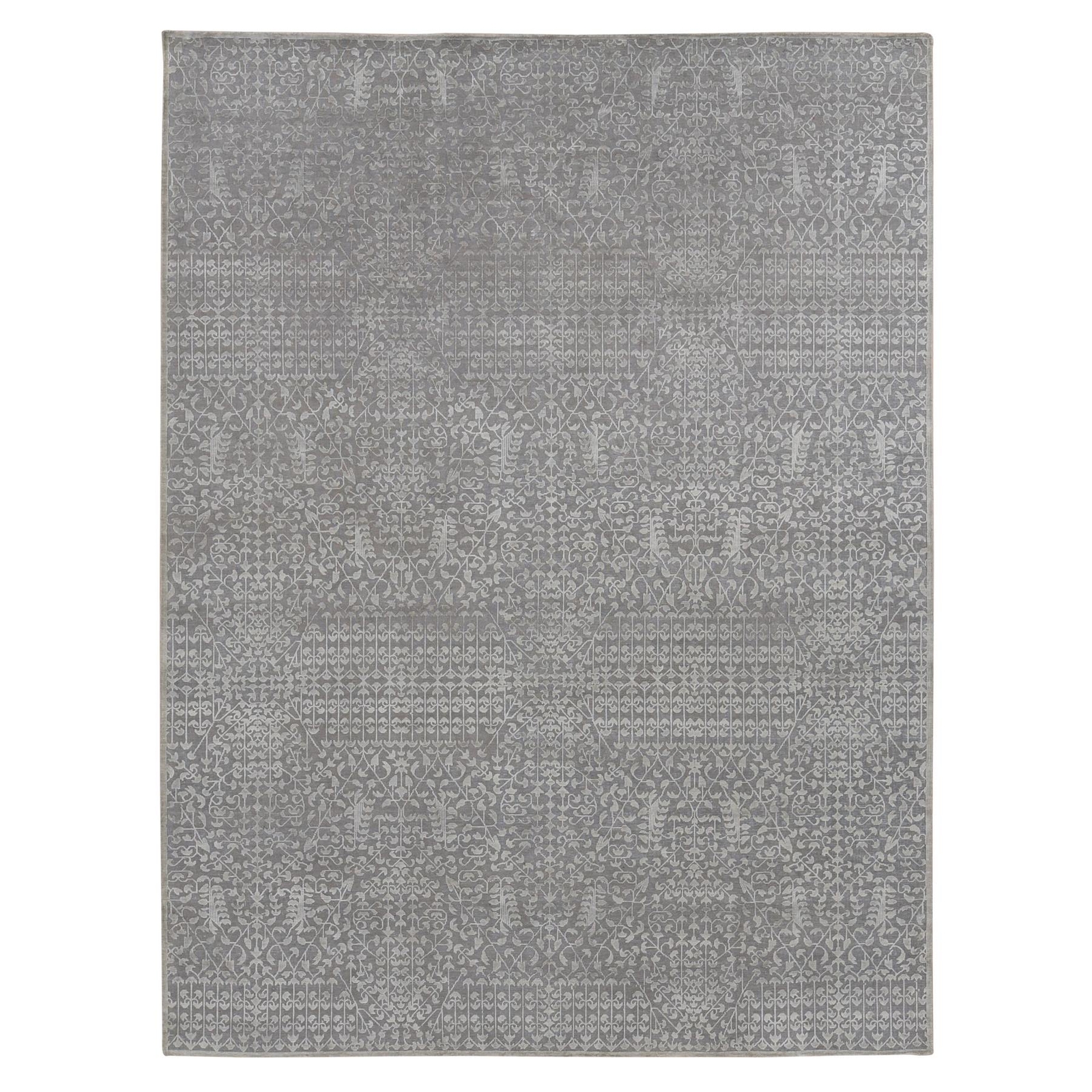 9’x12’1″ Gray Silk with Textured Wool Tone on Tone Hand Knotted Rug R87104