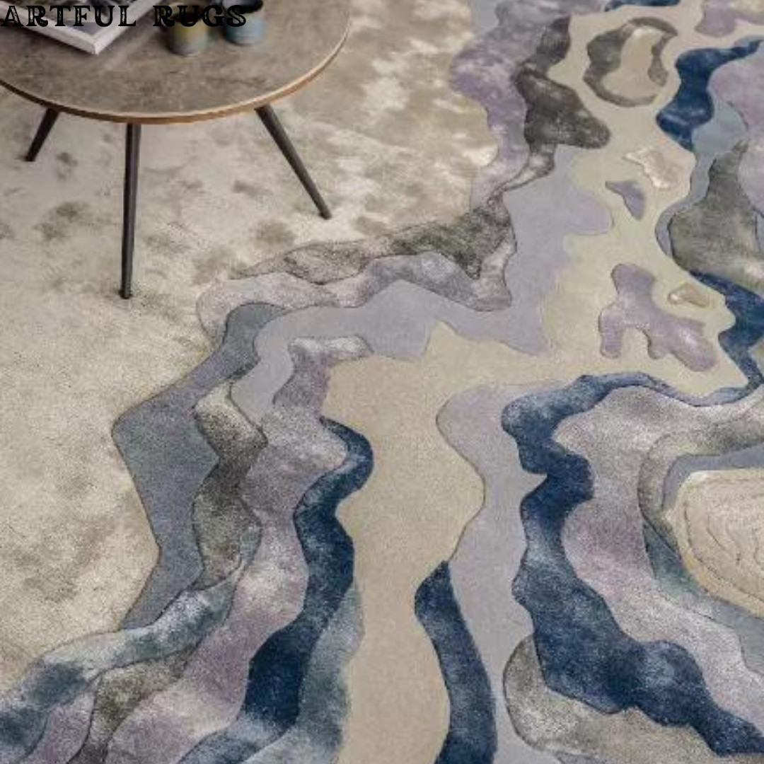 Modern Floral Rug Navy Grey Blue White Multi Colored Hand Tufted Wool Area Rug