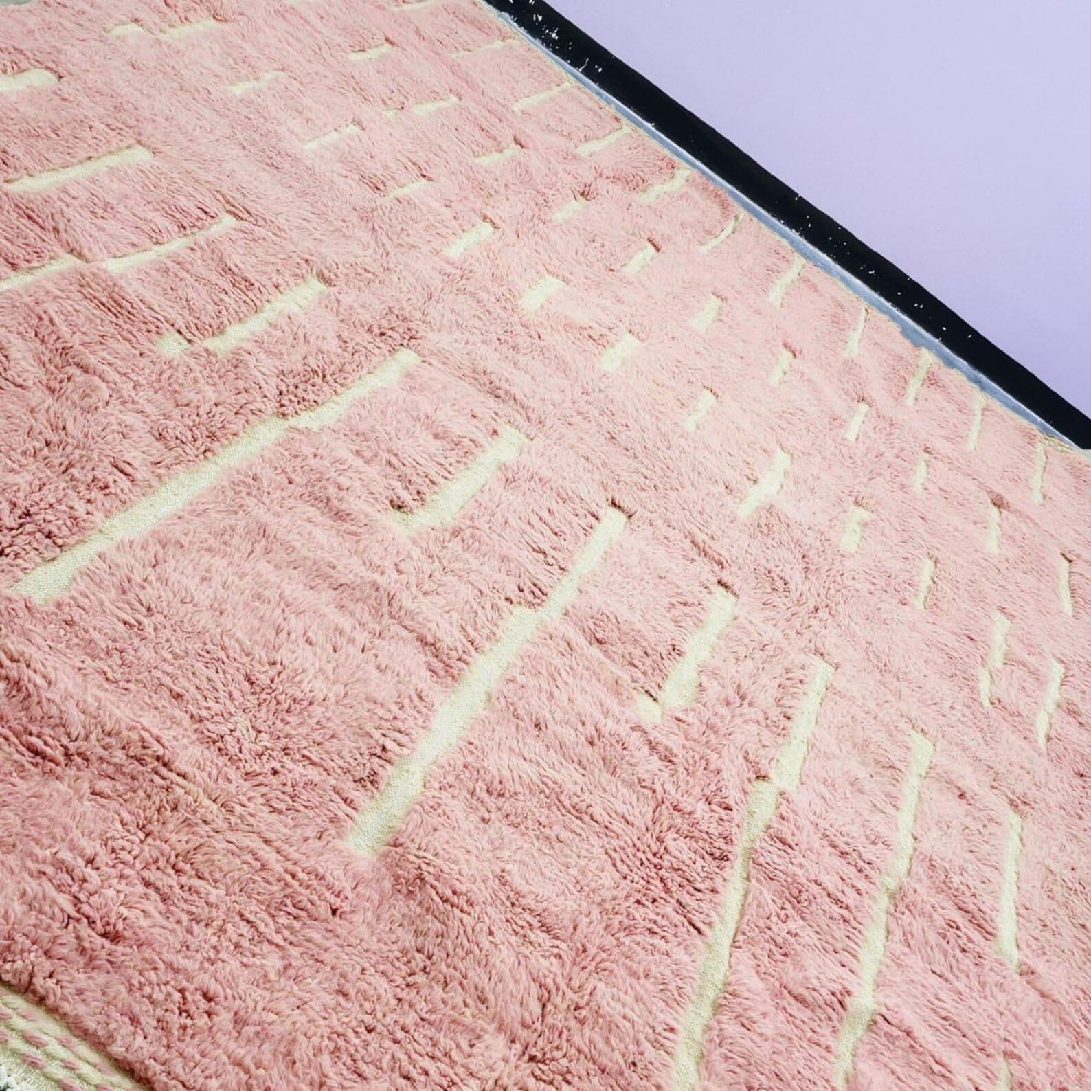 Color Rose Pink Moroccan Berber Beni Ourain Wool Rug Handmade Design Carpet Rug