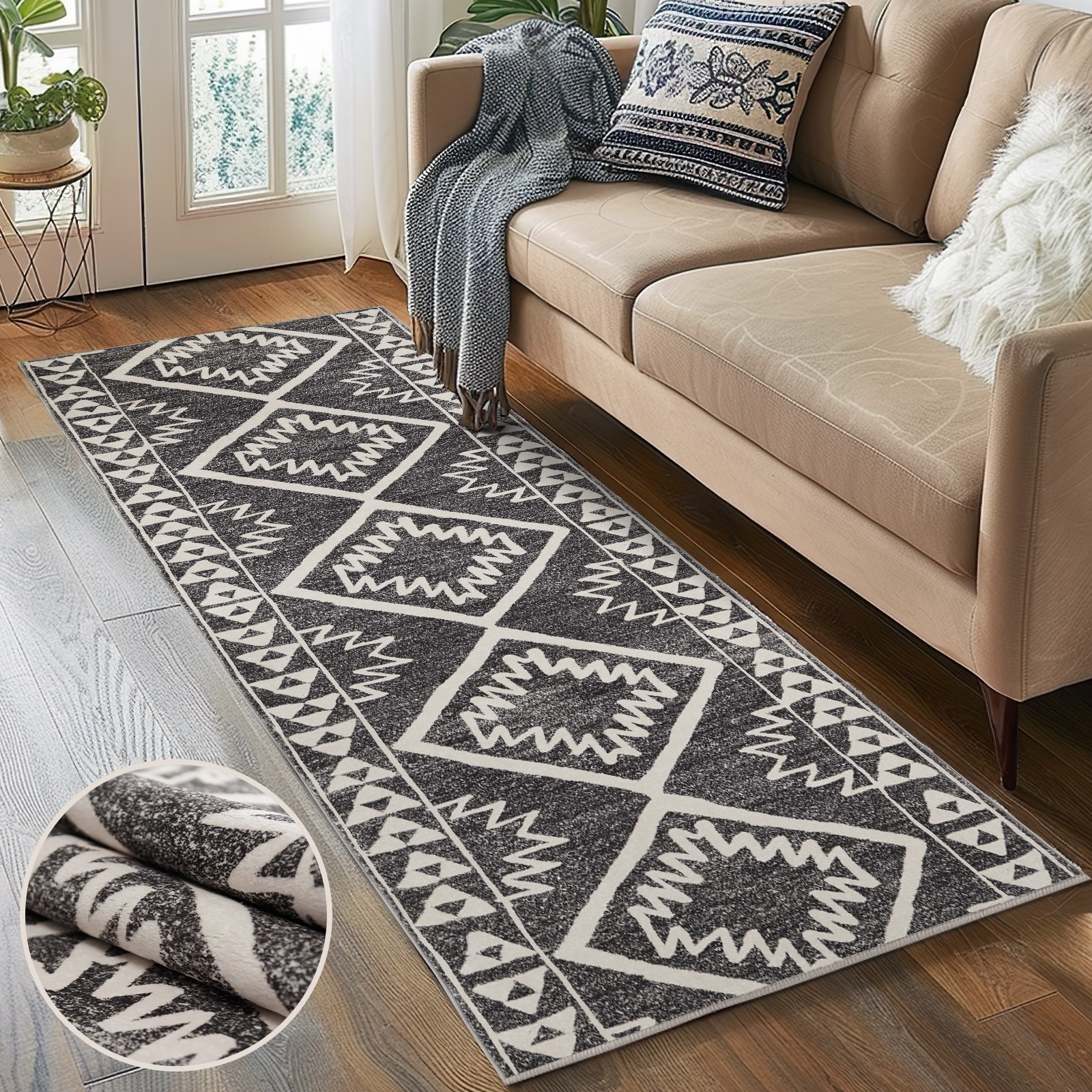 2×8 Runner Rug black Washable Modern Mat Soft Low Pile Non Slip Accent Mat