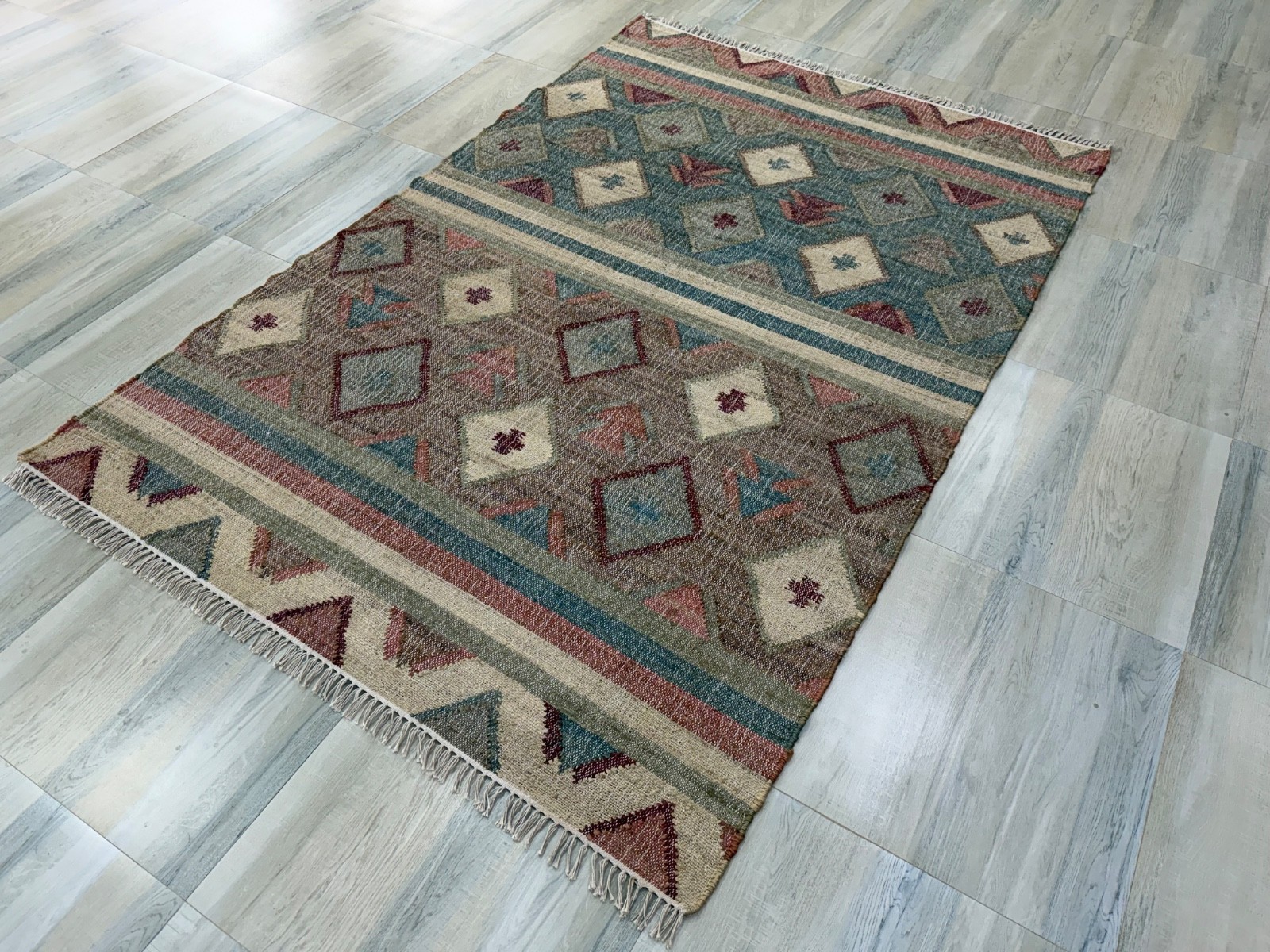 Natural Jute Tribal Handwoven Area Rug Teal Rust Geometric Pattern Kilim 5×8 ft
