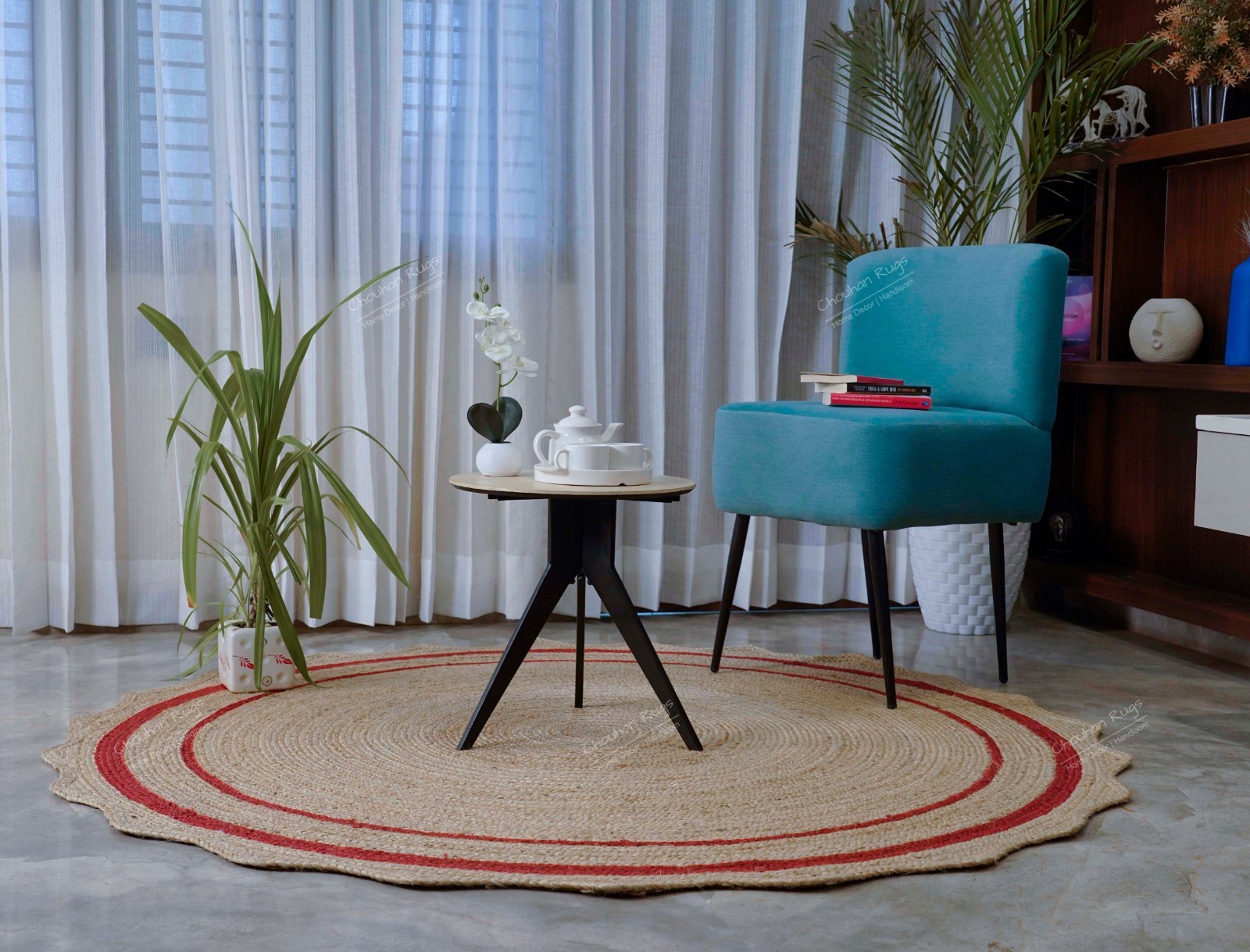 Natural Scallop Jute Rug with red border Large Area Rug for Home Decor Rag Rug