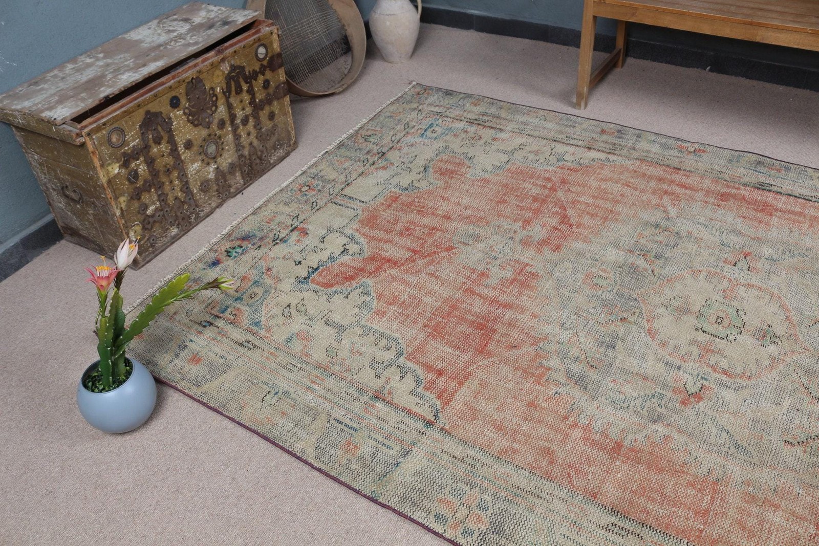 Turkish Vintage Rug, Large 5,8×9,5 ft (178×290 cm) Rug, Red Striped Wool Rug