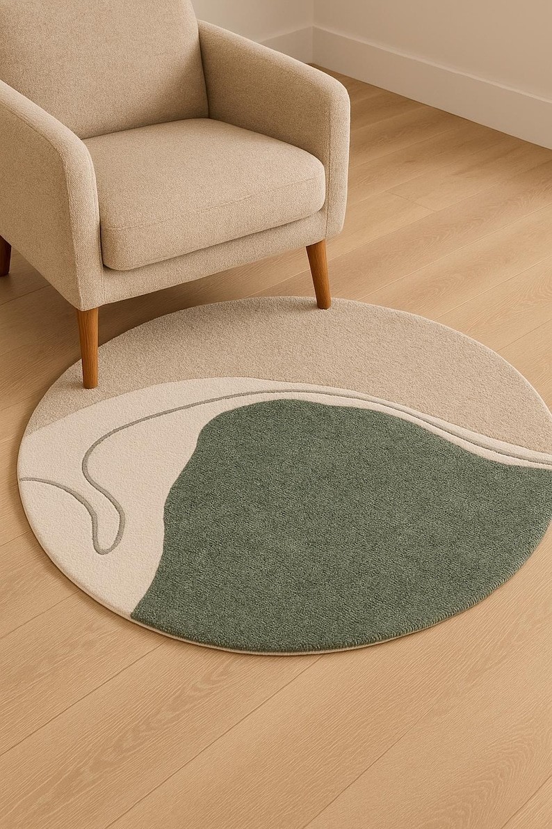 Hand Tufted Rug | Modern Minimalist Circular Carpet | Green Beige Art Rug 3×3