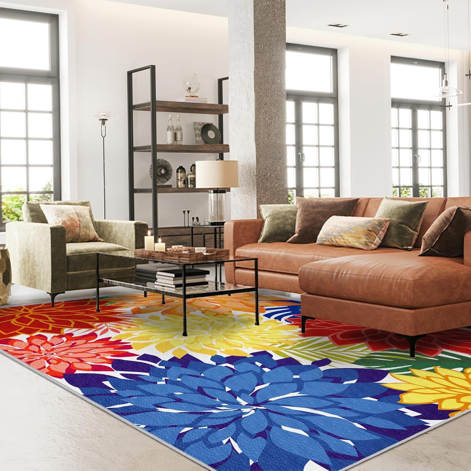 Washable Waterproof Outdoor Area Rug Tropical Floral Chenille Carpet For Patio