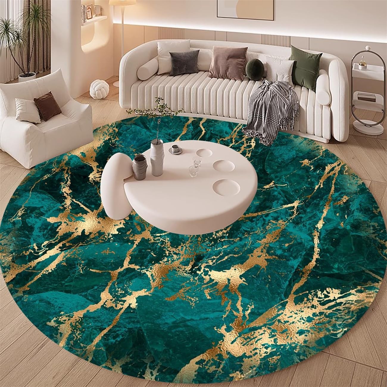 Marble Texture Emerald Green Gold Round Area Rug for Living Room Bedroom Gues…